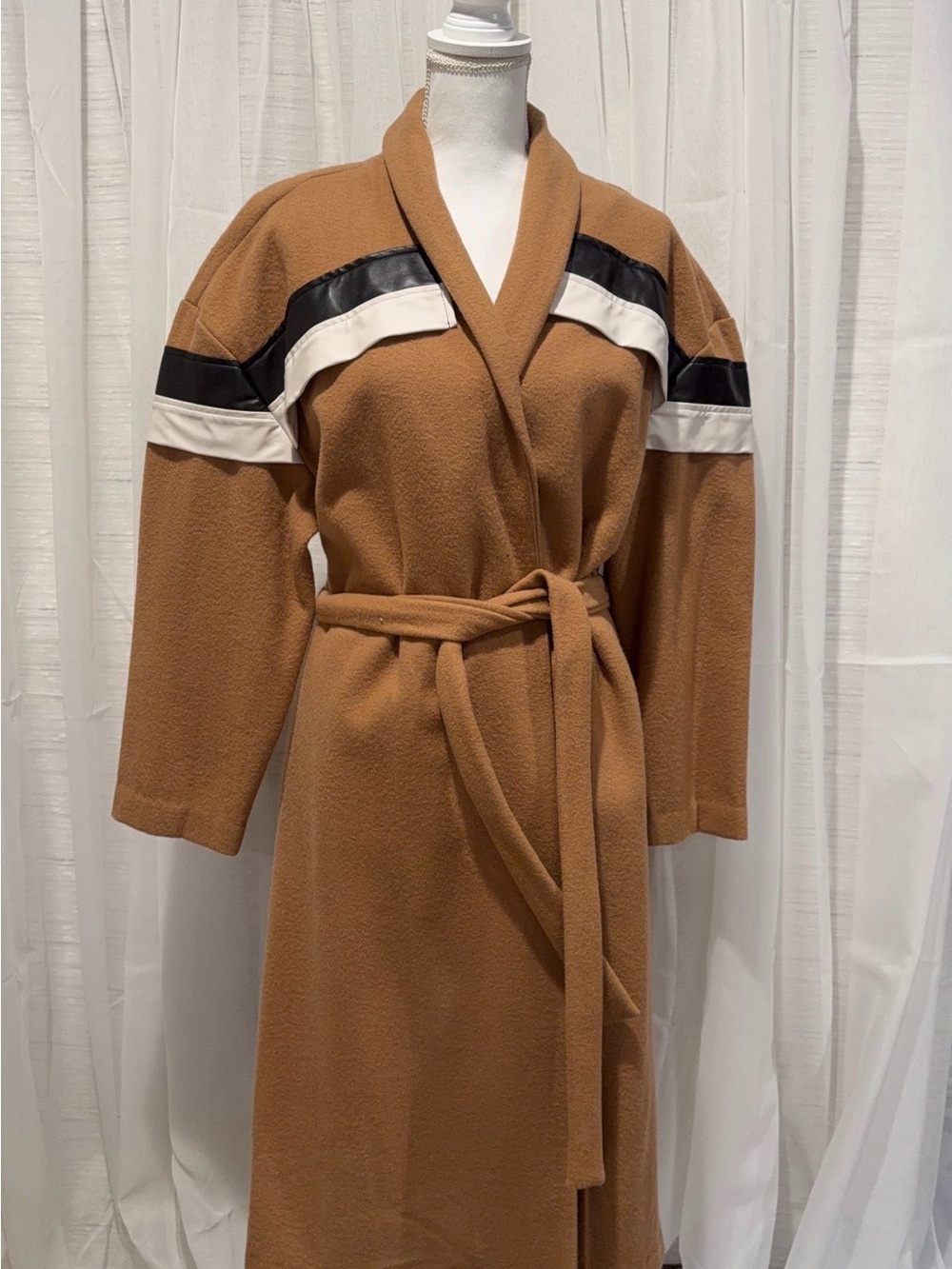 Womens Camel Belted Long Coat with Black & Cream Trim
